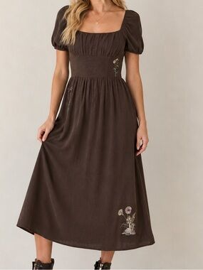 Disturbia Faela Fairy Embroidered Milkmaid Ruched Midi Dress 8